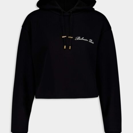 BalmainLogo Embellished Crop Hoodie at Fashion Clinic