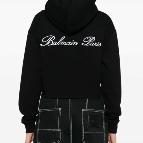 BalmainLogo Embellished Crop Hoodie at Fashion Clinic