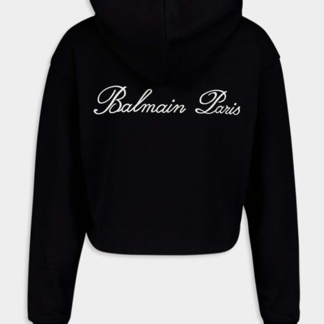 BalmainLogo Embellished Crop Hoodie at Fashion Clinic