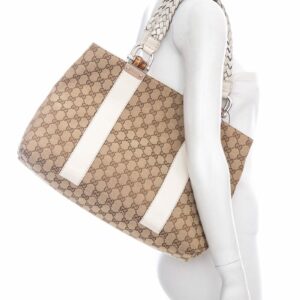 Gucci Brown & White Canvas Supreme Braided Handle Tote