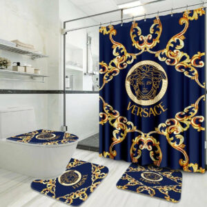 Gold Blue Versace Shower Curtain Set