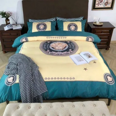 Trendy Sand and Cobalt Blue Versace bed set
