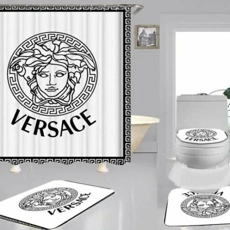 Versace Pattern Text White Black Background Bathroom Accessories Set