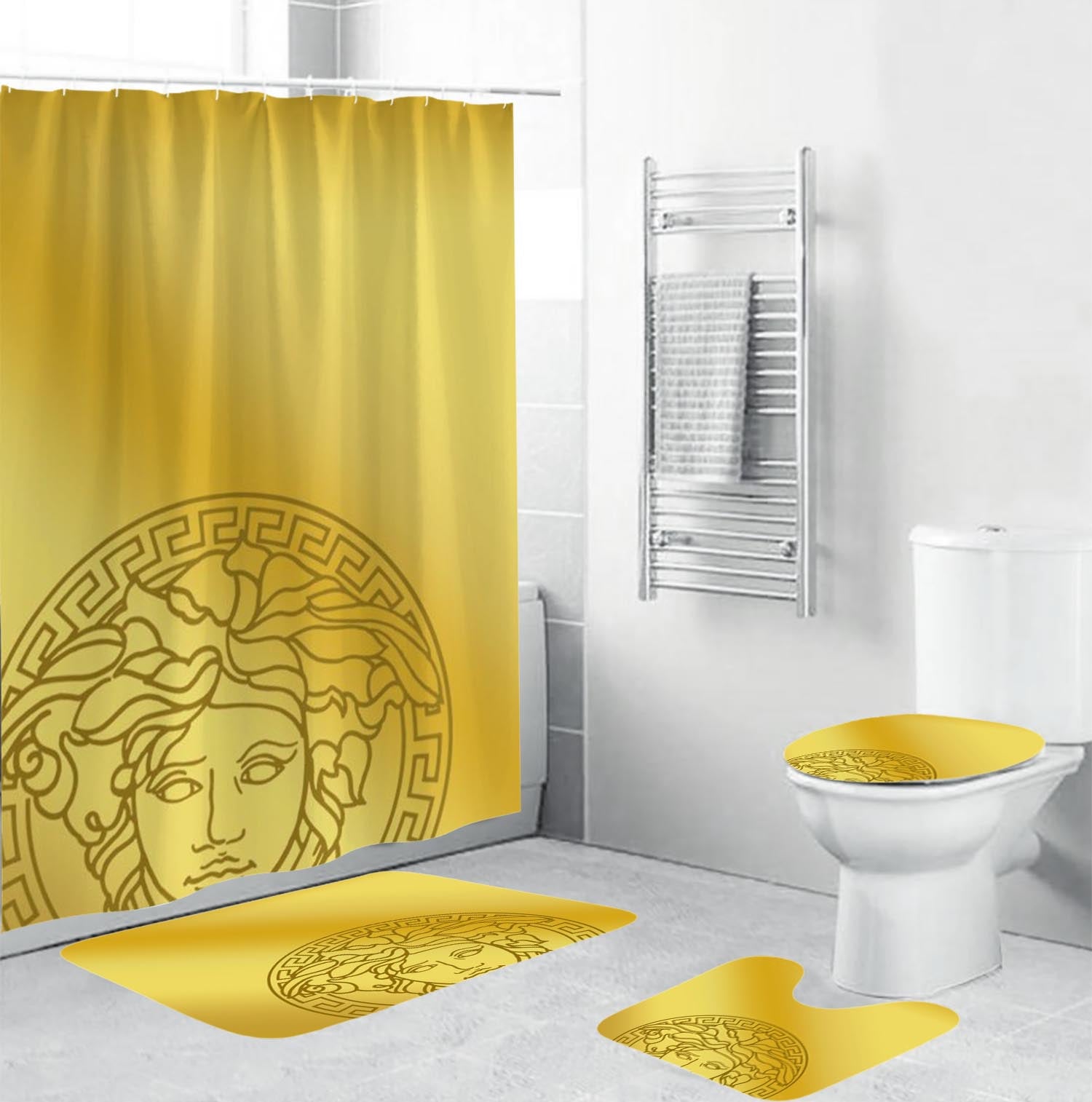 Yellow Background Versace Shower Curtain Set