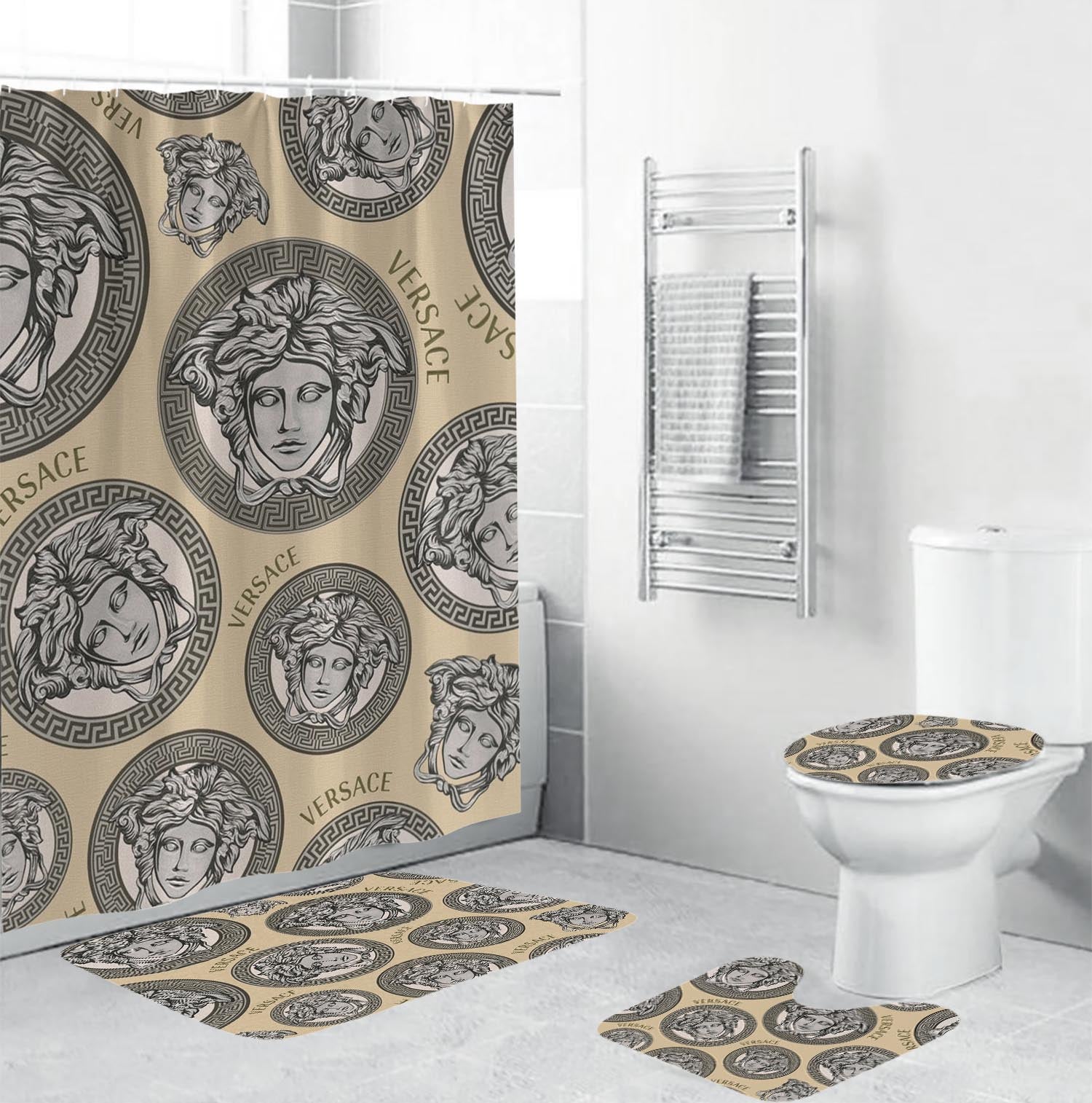 Silver Logo Versace Shower Curtain Set