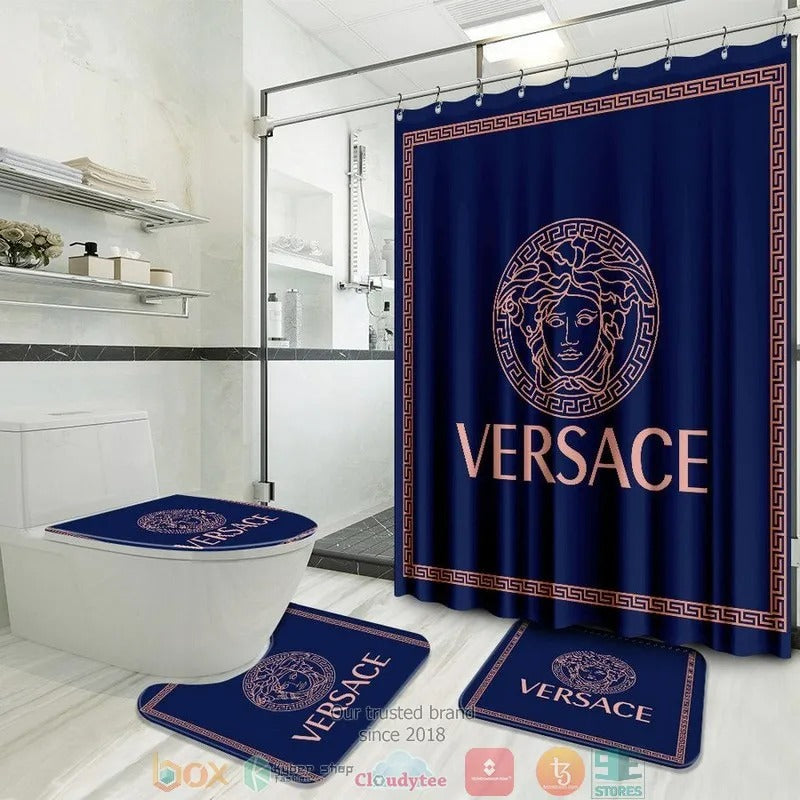 Versace Pink Border Pattern Navy Curtain Bathroom Accessories Set
