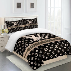 beige and brown Louis Vuitton bedding set