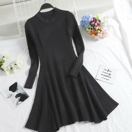 Women Long Sleeve Sweater Dress Women's Irregular Hem Casual Autumn Winter Dress Women O-neck A Line Short Mini Knitted Dresses - ROSAMISS STORE