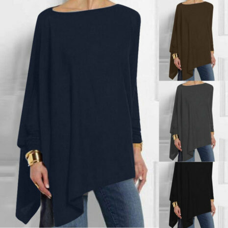 Womens Casual blouse Solid Long Sleeve Irregular Sweatshirt Loose - ROSAMISS STORE