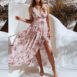 Women V Neck Split Dress Floral Print Long  Summer Spaghetti Strap Party - ROSAMISS STORE