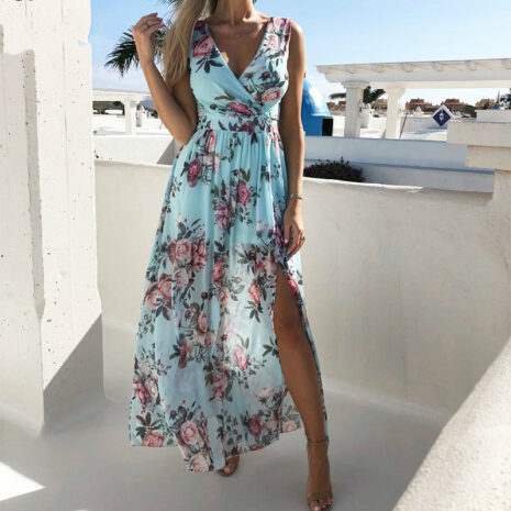 Women V Neck Split Dress Floral Print Long  Summer Spaghetti Strap Party - ROSAMISS STORE