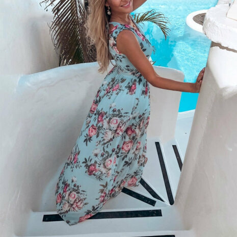 Women V Neck Split Dress Floral Print Long  Summer Spaghetti Strap Party - ROSAMISS STORE