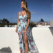Women V Neck Split Dress Floral Print Long  Summer Spaghetti Strap Party - ROSAMISS STORE