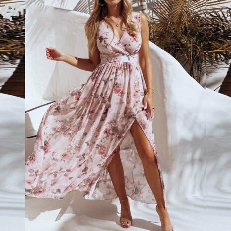 Women V Neck Split Dress Floral Print Long  Summer Spaghetti Strap Party - ROSAMISS STORE