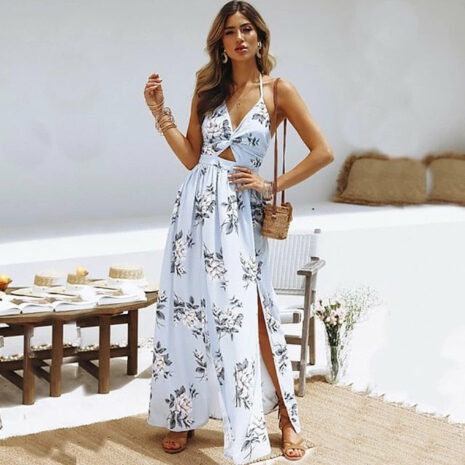 Women V Neck Split Dress Floral Print Long  Summer Spaghetti Strap Party - ROSAMISS STORE