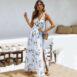 Women V Neck Split Dress Floral Print Long  Summer Spaghetti Strap Party - ROSAMISS STORE