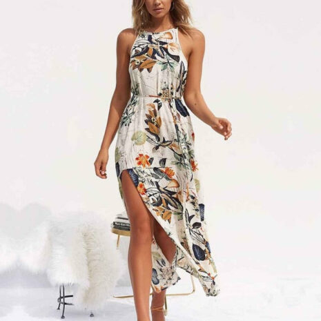 Women V Neck Split Dress Floral Print Long  Summer Spaghetti Strap Party - ROSAMISS STORE