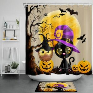 Bat Witch Hat Owl Cat Pumpkin Halloween Shower Curtain