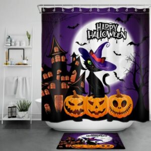 Horror Castle Pumpkin Black Cat Halloween Shower Curtain