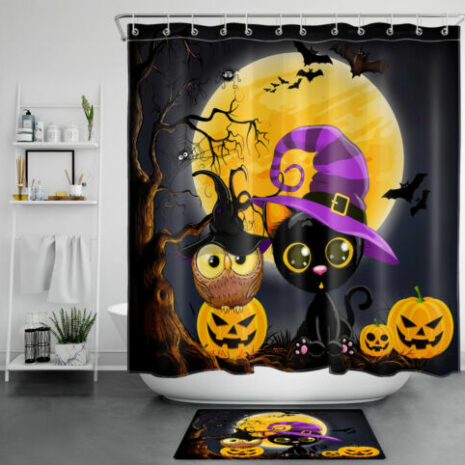 Full Moon Black Cat Pumpkin Halloween Shower Curtain