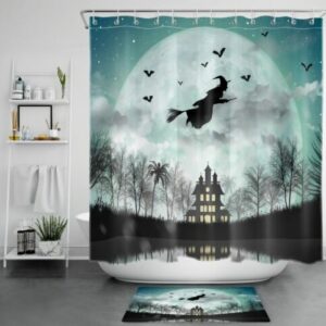 Full Moon Flying Witch Creepy Halloween Shower Curtain