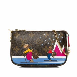 Brown LV Monogram Bears on Skis Christmas Animation Mini Pochette Accessories Shoulder Bag