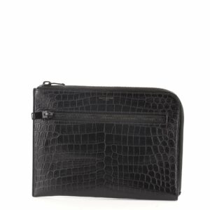 Front Zip Pocket Clutch Crocodile Embossed Leather Medium