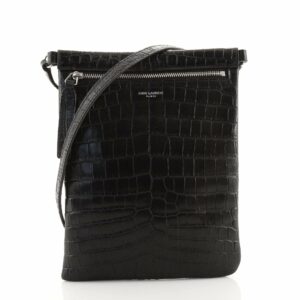 Front Pocket Flat Crossbody Bag Crocodile Embossed Leather Small