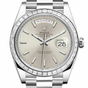 Day-Date 40 Silver Stripe Motif Dial 40 Baguette Diamond Bezel Platinum President Automatic Men's Watch 228396TBR DC