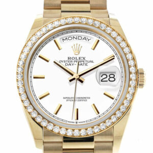  Day-Date 36 White Dial Gold Diamond Bezel Watch 128348RBR-0047 128348RBR