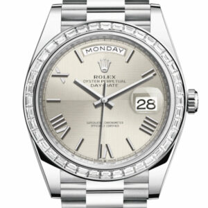 Day-Date 40 Silver Quadrant Motif Roman Dial 40 Baguette Diamond Bezel Platinum President Automatic Men's Watch 228396TBR 228396