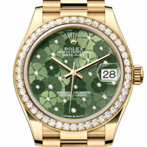 Datejust 31 Olive Green Floral Motif Diamond Dial Diamond Bezel Yellow Gold Ladies Watch 278288RBR 278288RBR-0038