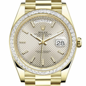 Day-Date 40 Silver Motif Dial 40 Baguette Diamond Bezel 18K Yellow Gold President Automatic Men's Watch 228398TBR  228398