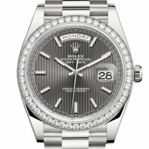 Day-Date 40 Dark Rhodium Stripe Motif Dial Diamond Bezel White Gold President Automatic Men's Watch 228349RBR DC