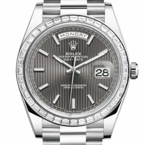 Day-Date 40 Dark Rhodium Stripe Motif Dial 40 Baguette Diamond Bezel Platinum President Automatic Men's Watch 228396TBR DC