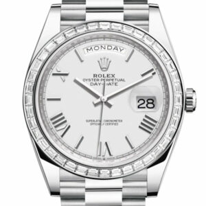 Day-Date 40 White Roman Dial 40 Baguette Diamond Bezel Platinum President Automatic Men's Watch 228396TBR 228396