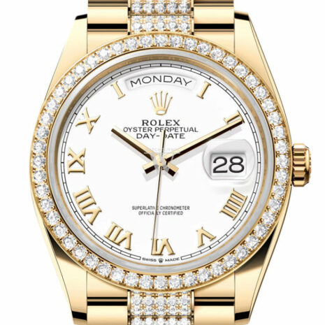  Day-Date 36 White Roman Dial Gold Diamond Bezel Watch 128348RBR-0043 128348RBR
