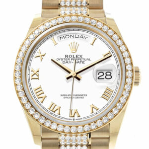  Day-Date 36 White Roman Dial Gold Diamond Bezel Watch 128348RBR-0043 128348RBR