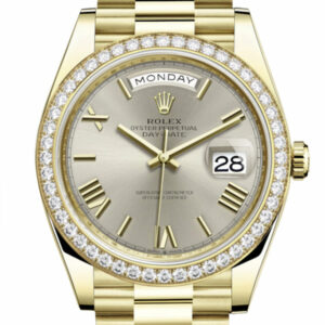 Day-Date 40 Silver Roman Dial Diamond Bezel 18K Yellow Gold President Automatic Men's Watch 228348