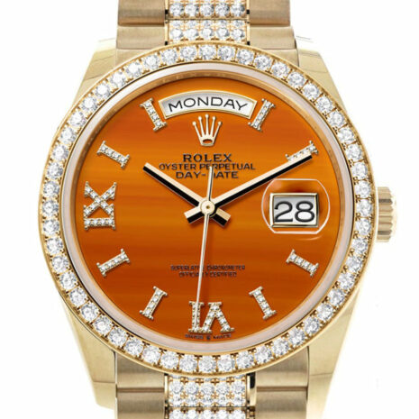  Day-Date 36 Carnelian Dial Gold Diamond Bezel Watch 128348RBR-0050 128348RBR