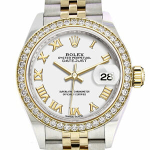 Datejust 28 White Roman Dial Diamond Bezel Yellow Gold Jubilee Ladies Watch 279383RBR 279383