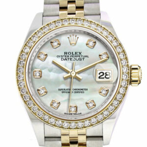 Datejust 28 White mother-of-pearl set with diamonds Dial Diamond Bezel Yellow Gold Jubilee Ladies Watch 279383RBR 279383